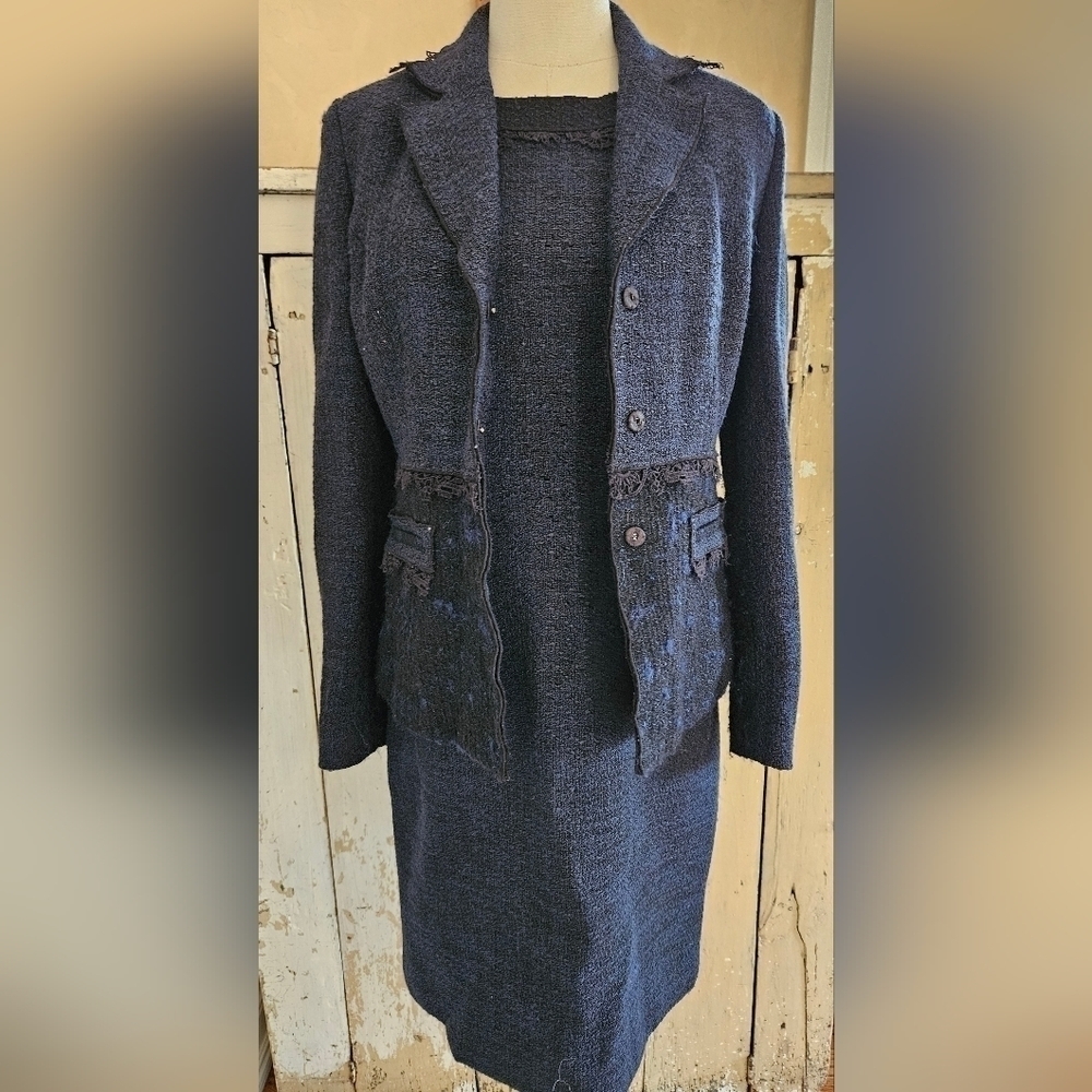Elie Tahari Navy 2 Piece Wool Blazer Sleeveless Dress Lace Trim Set-Size 2 - Picture 10 of 16